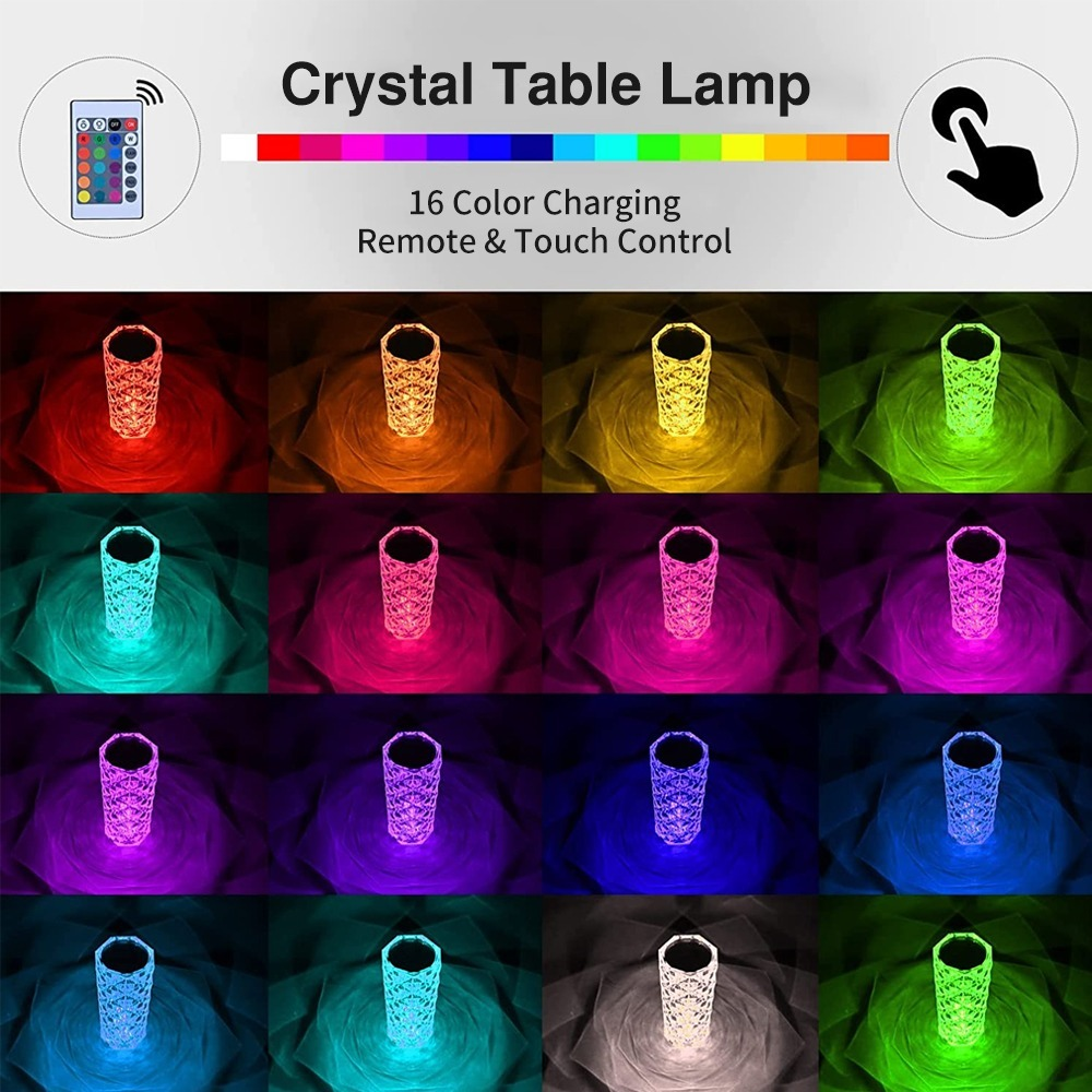 16 Colors LED Crystal Lamp Rose Light Touch Table Lamps Bedr - Flitz Shoppers